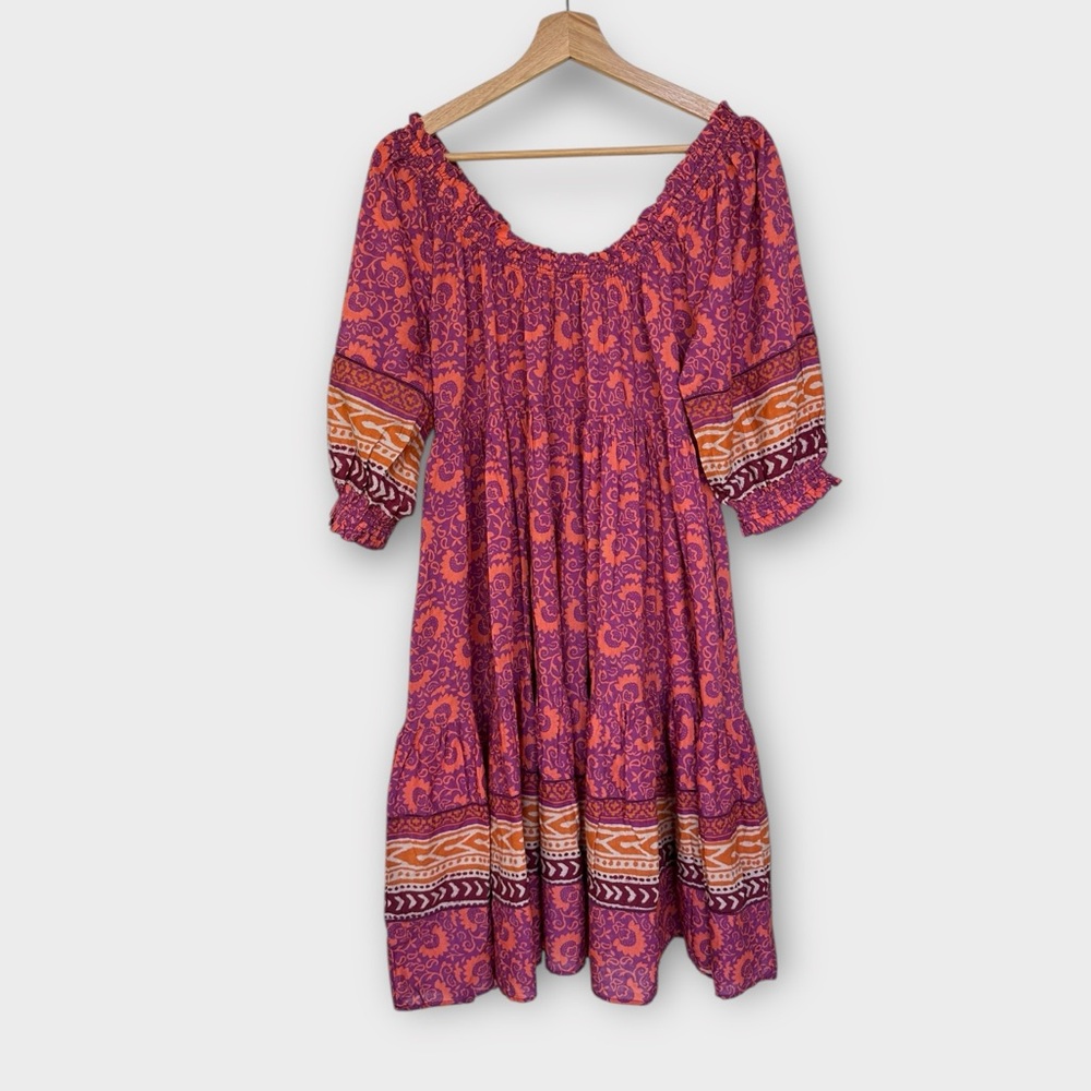 Sundance Floral Lands Smock Neck Puff Sleeve Tiered Midi Dress